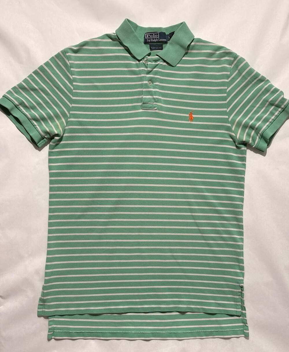 Polo Ralph Lauren Custom Fit Striped Polo Shirt Green and White with Orange Pony